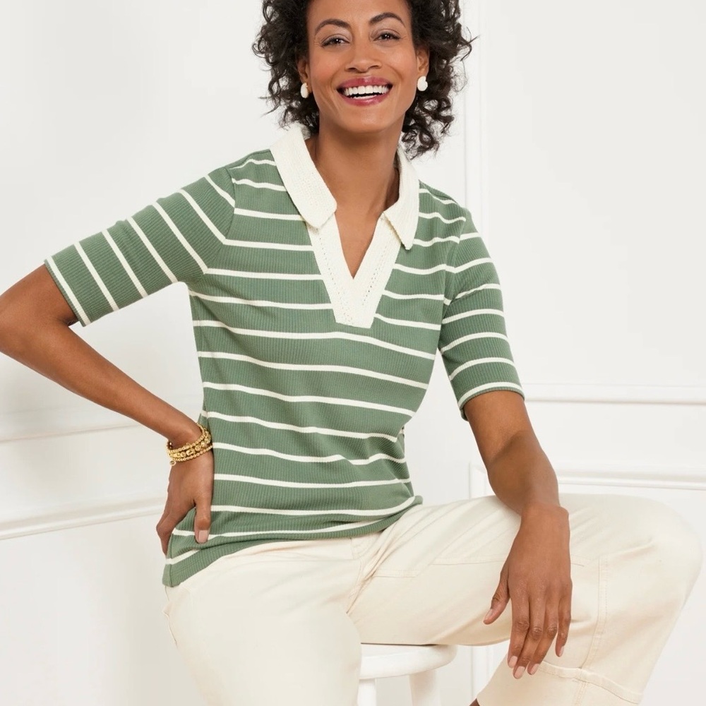Talbots Crochet Collar Ribbed Striped Polo
